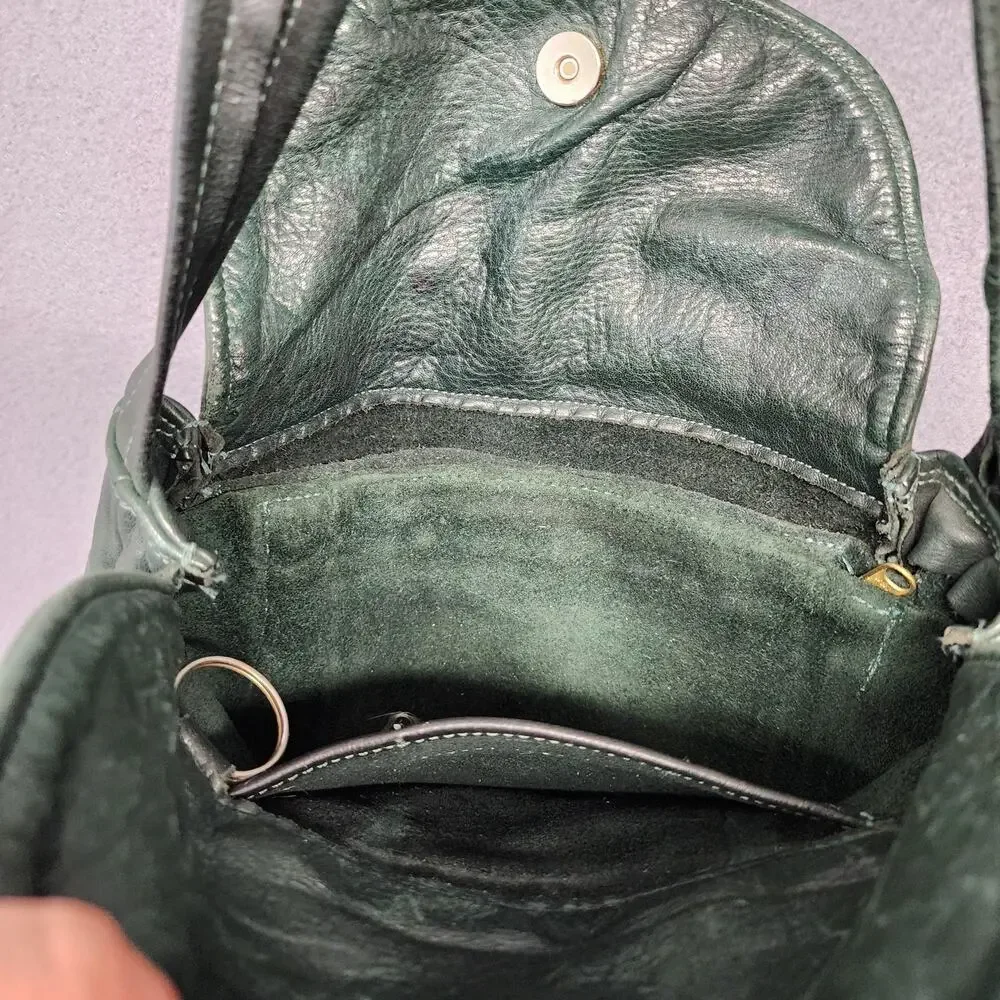 Leather Shoulder Bag Womens Dark Green Flap Pocket Zip Compartments Medium Purse